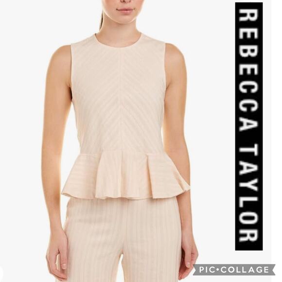 Rebecca Taylor Textured Stripe Peplum Top linen blend in Creme size 6 - Picture 1 of 12